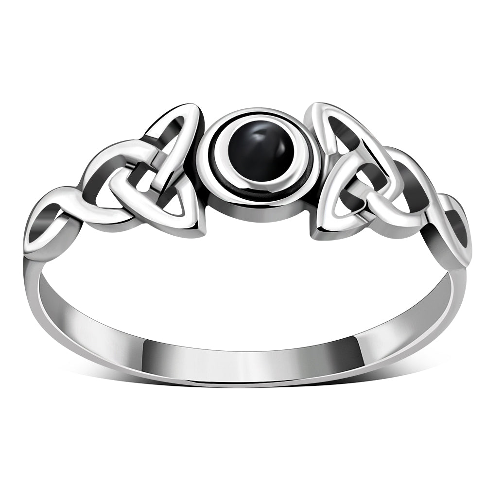 Black Onyx, Celtic Trinity Sterling Silver Ring