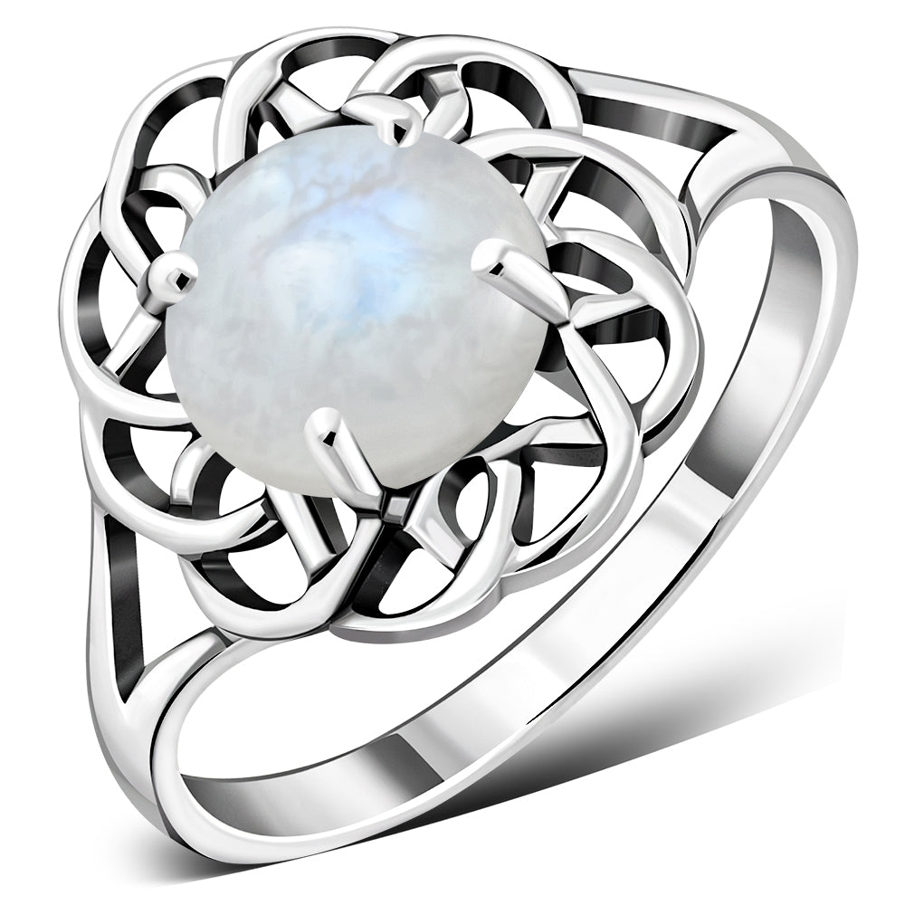 Rainbow Moonstone Celtic Knot Sterling Silver Ring