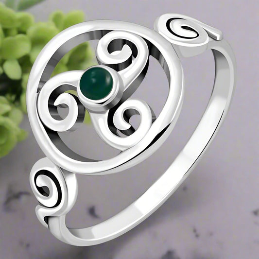 Green Agate, Triple Archimedean Sterling Silver Ring