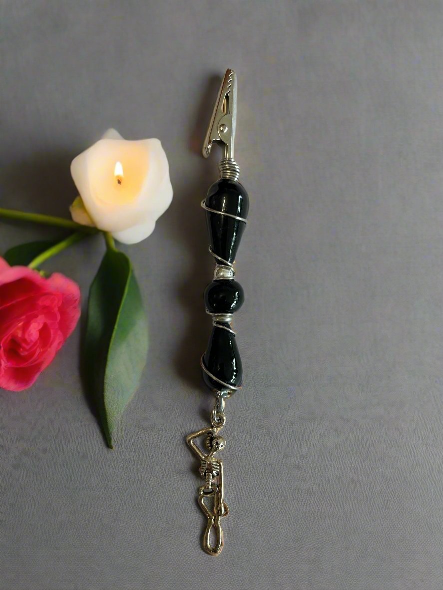 Handmade Smoking Clip-Black Accent Beads with a Skeleton Charm