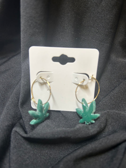 Medium Dark Green Pot Leaf Earrings on Silver Tone Hoops