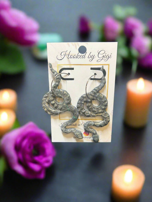 Handmade Clay Snake Earrings on Silver Tone Hoops