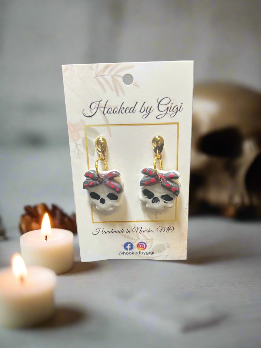 Handmade Clay Sugar Skull Earrings with Gold Posts