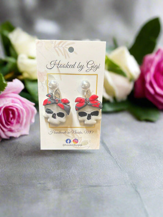 Handmade Clay Sugar Skull Earrings on Pearl Posts