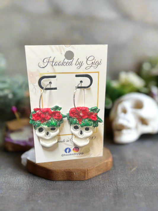 Handmade Clay Sugar Skull Earrings on Silver Tone Hoops