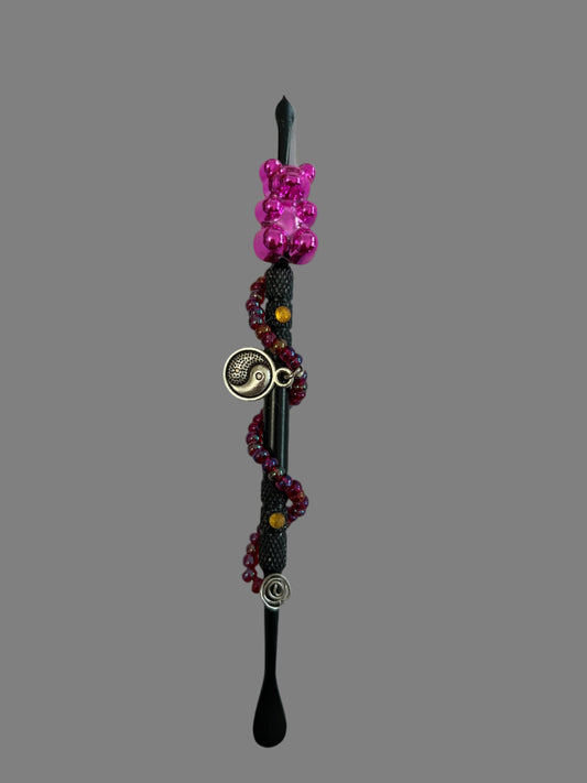 Hand Beaded Black Dabber-Hot Pink Gummi Bear Accent and a Ying/Yang Charm