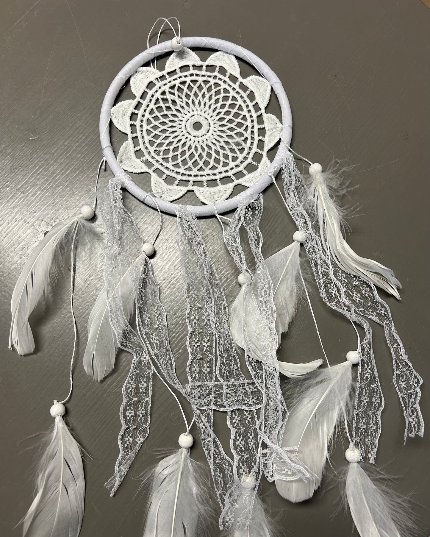 Small Dream Catcher Featuring a Crochet Center, White Lace and White Feathers