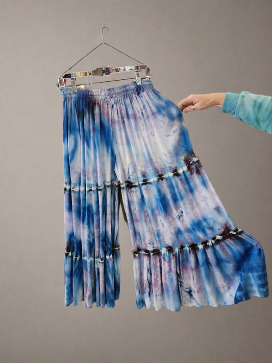 Tie Dye Ruffled Pants Wide Leg-Blue and Purple