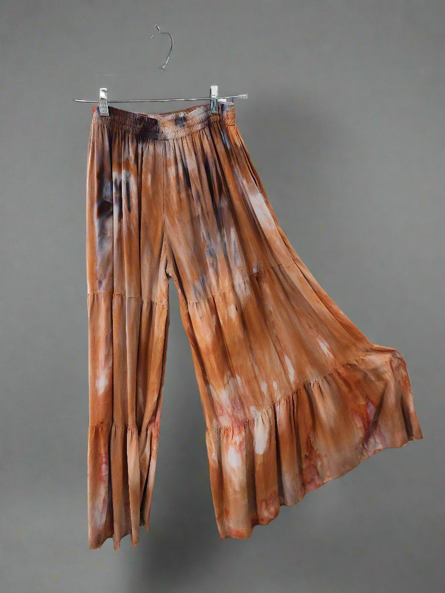 Tie Dye Ruffled Pants Wide Leg-Orange/Brown