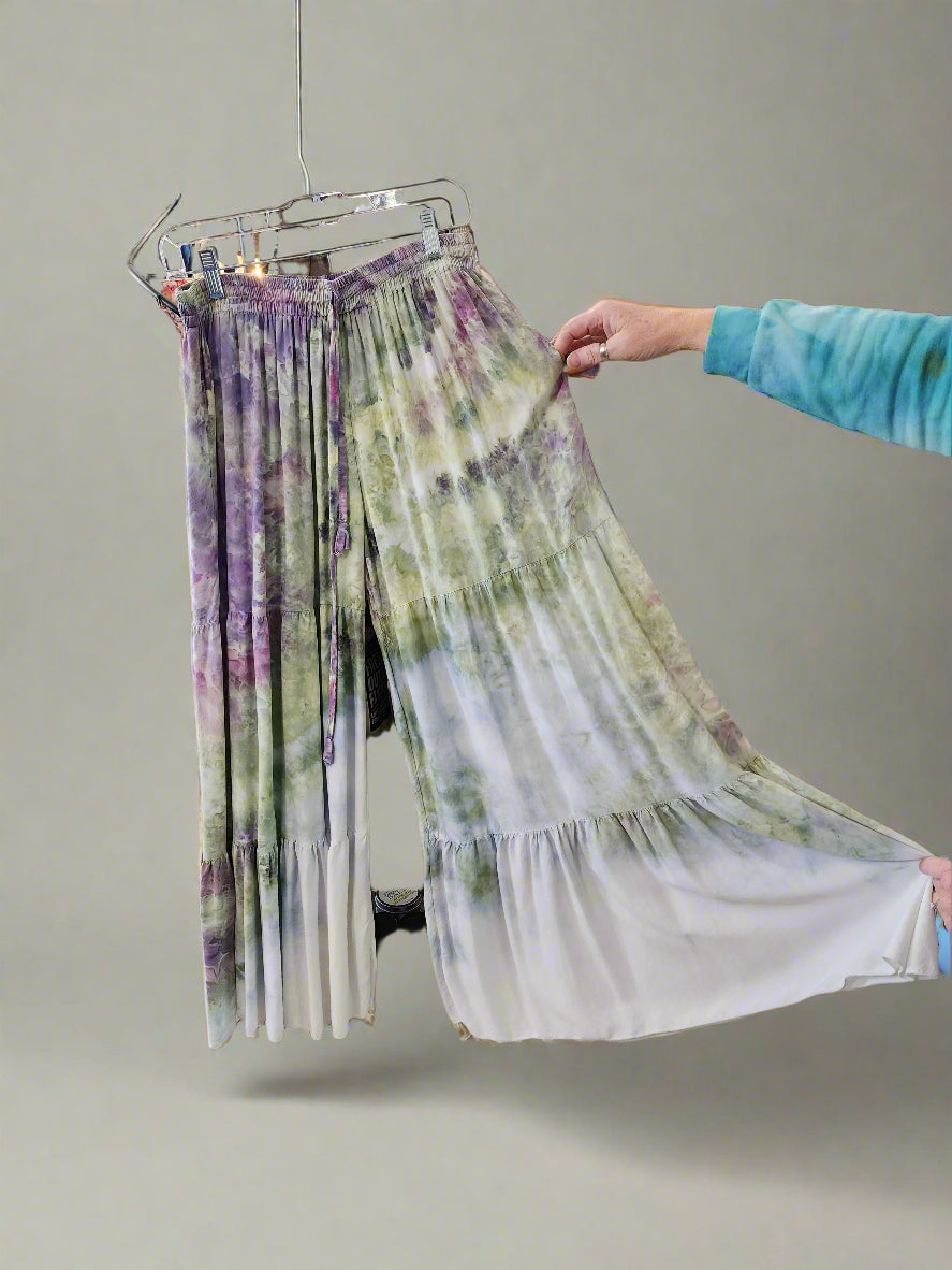 Tie Dye Ruffled Pants Wide Leg-Green, White and Purple