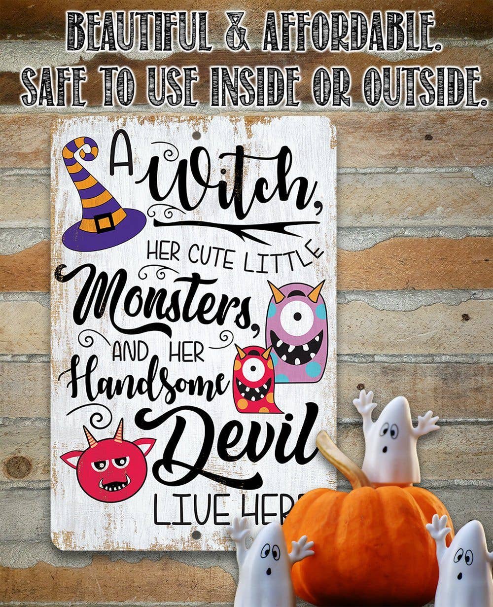 A Witch and Her Little Monsters - Metal Sign