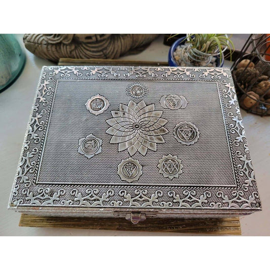 Seven Chakra Carved Metal over Wood/ Tarot Box/ Altar Box