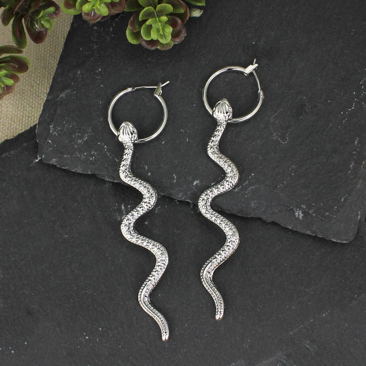 Snake Bite Silver Hoop Serpent Earrings