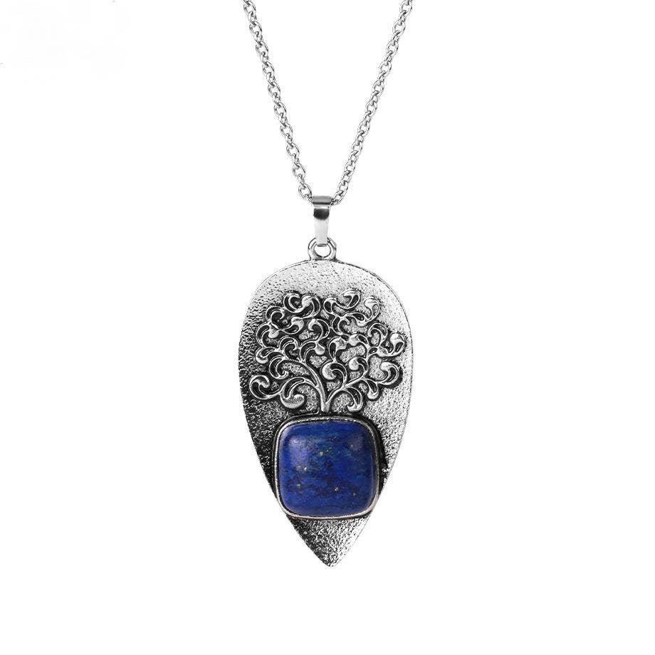 "Tree of Life" Drop-shaped Pendant Inlaid Stones Necklace