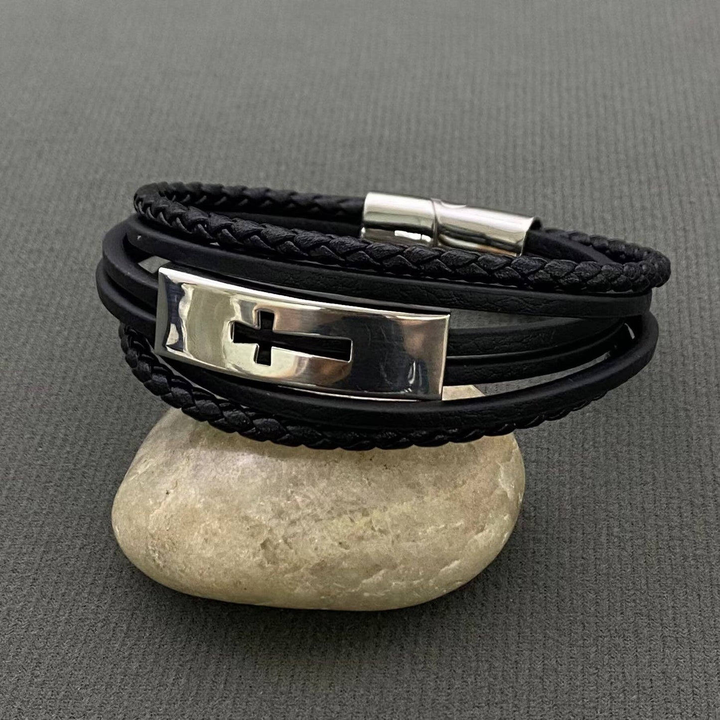 S.Steel Cross Men's Multi-layer Leather Braided Bracelet