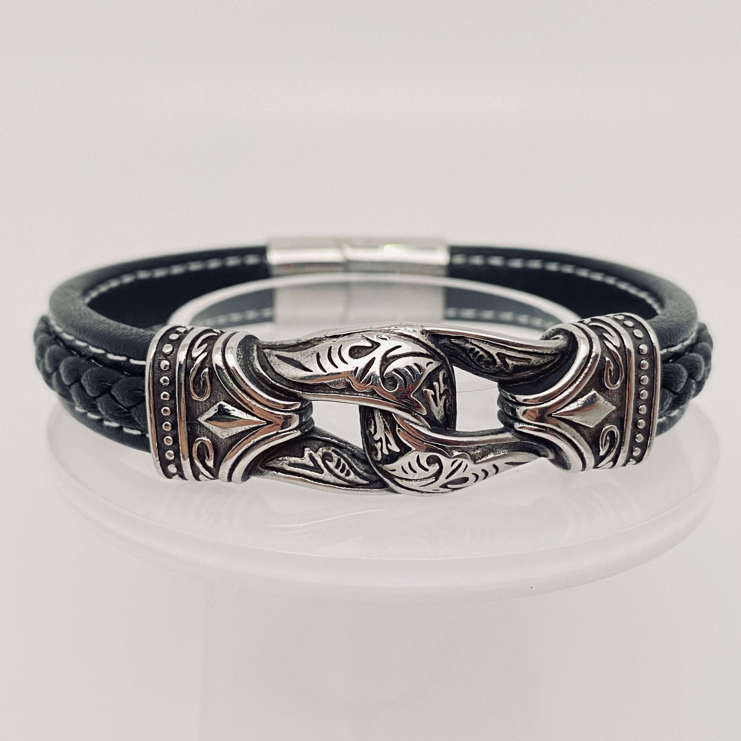 Men's Stainless Steel Carved Leather Viking Bracelet