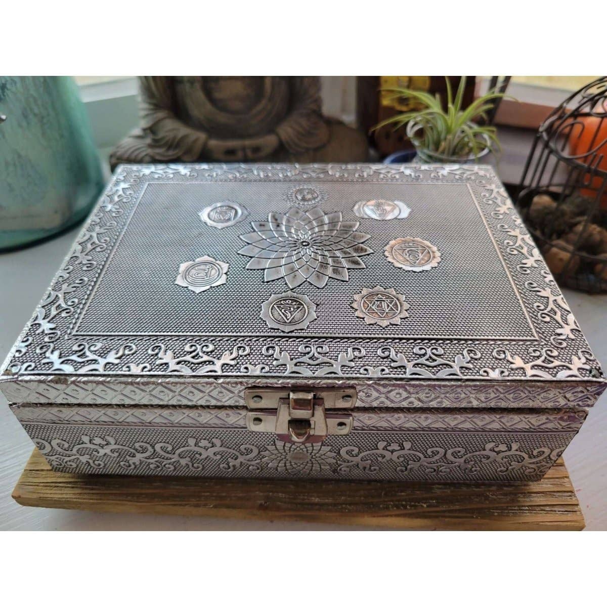 Seven Chakra Carved Metal over Wood/ Tarot Box/ Altar Box