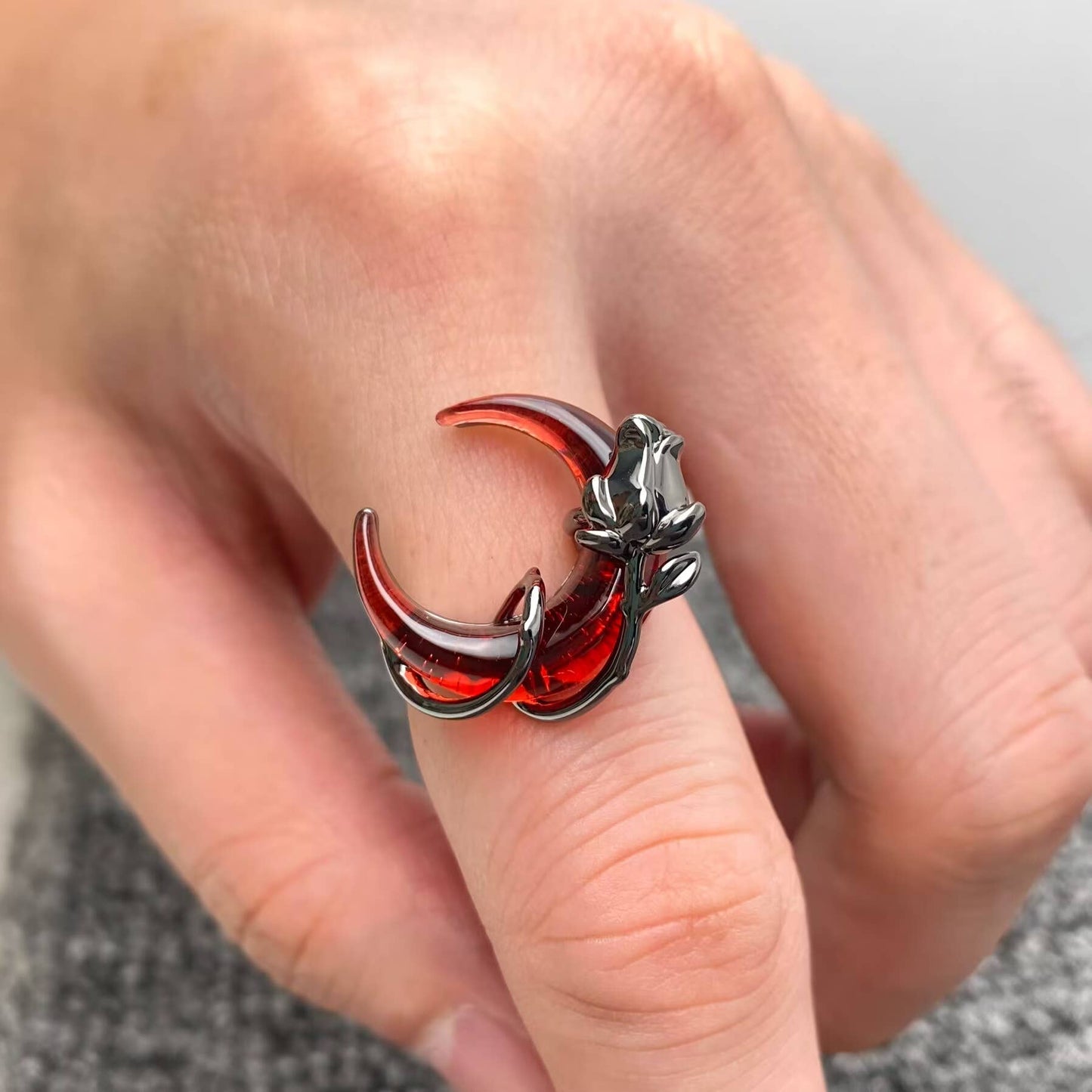Gothic Gun-black Rose Wrapped Red Crescent Moon Ring