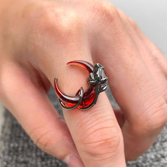 Gothic Gun-black Rose Wrapped Red Crescent Moon Ring