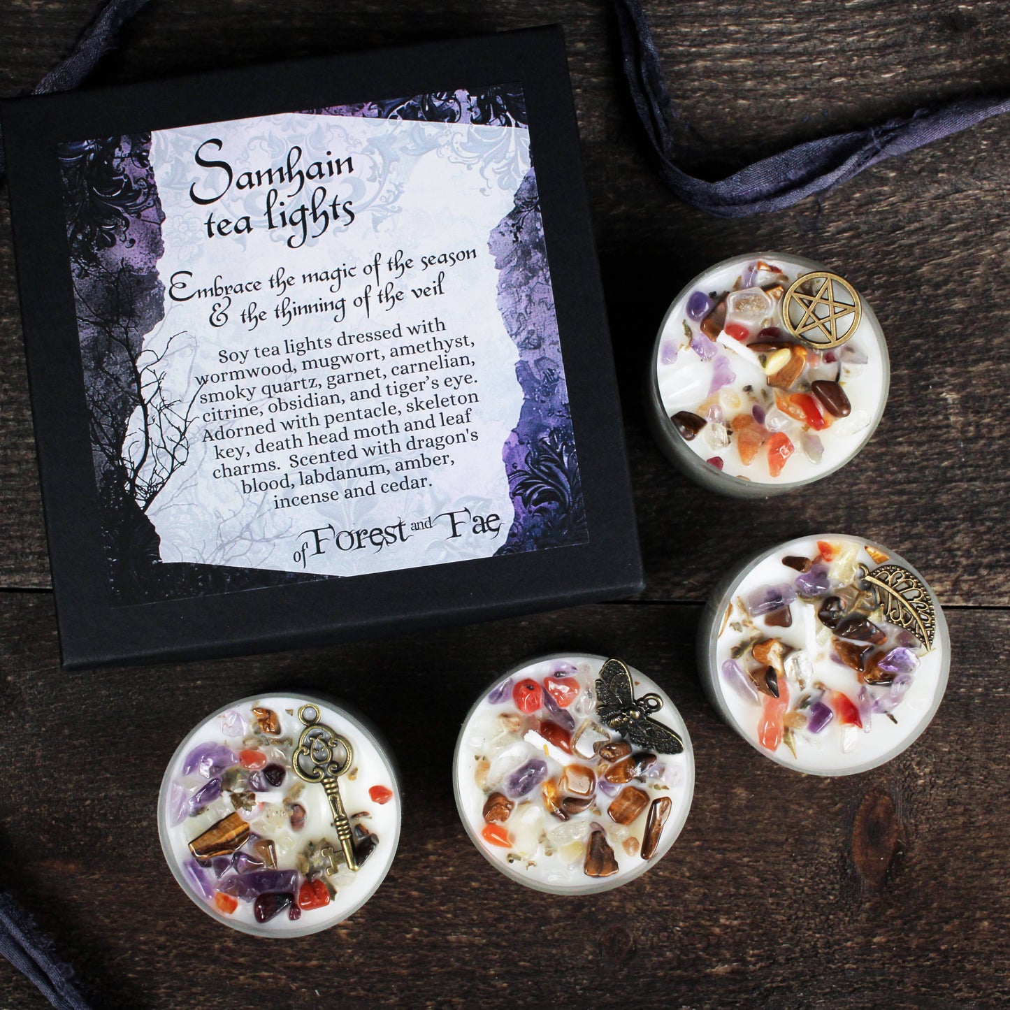 Samhain Tea Light Candle Set • Crystal & Herb Candle • Witch