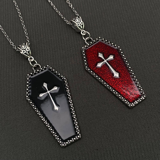 Gothic Enamel Cross Coffin Charm Necklace
