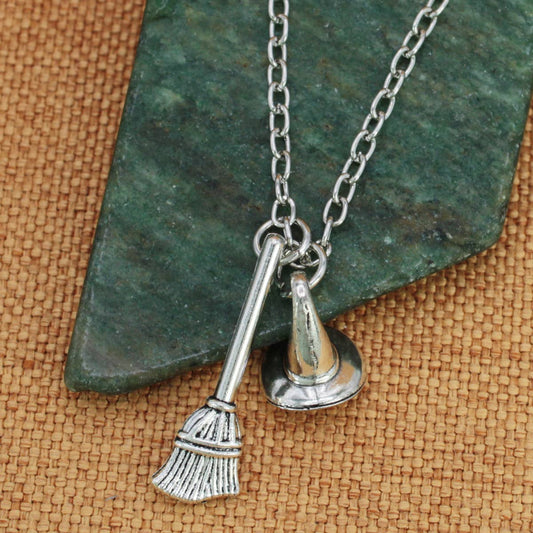 Basic Witch Silver Hat Broom Charm Necklace