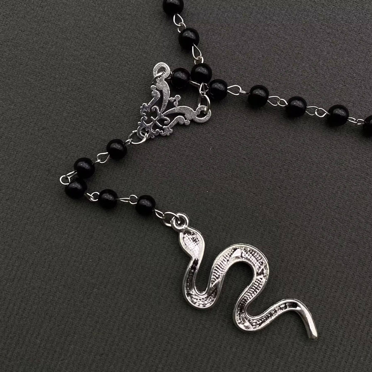 Snake Pendant Black Glass Beaded Y-shaped Necklace