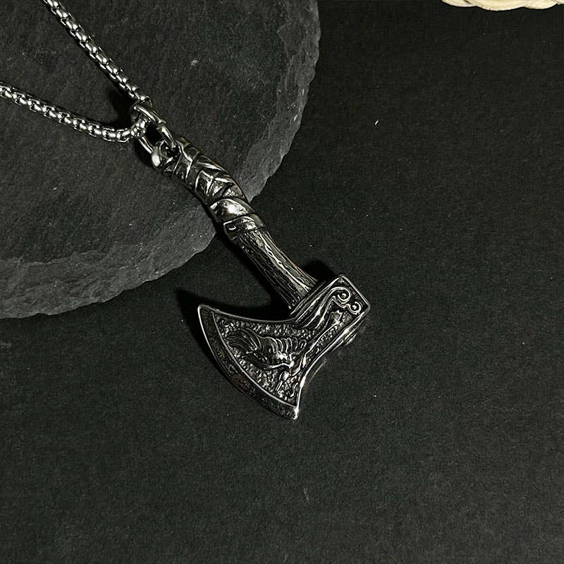 Viking Celtic Wolf Axe Titanium Steel Necklace