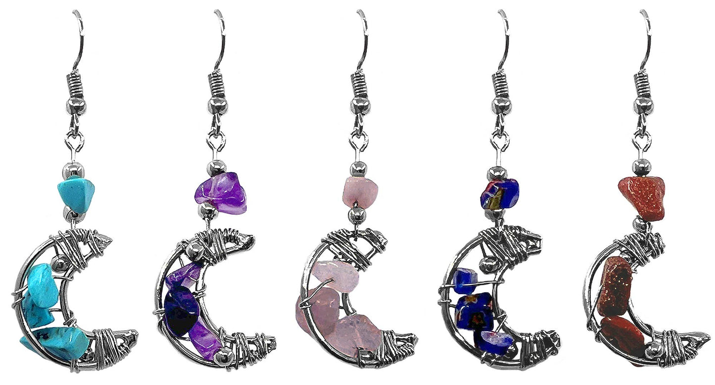 Small Crescent Moon Wire Wrapped Chip Stone Dangle Earrings