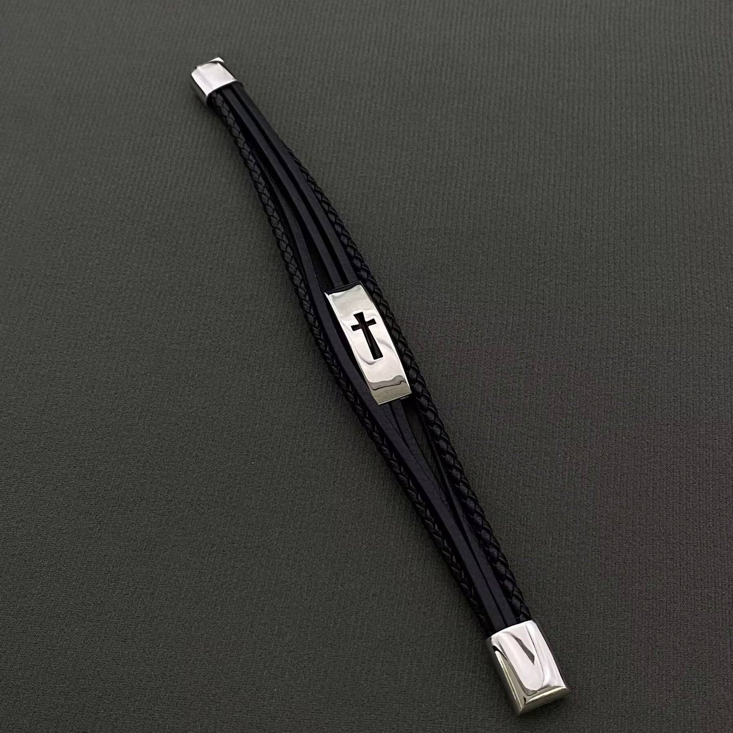 S.Steel Cross Men's Multi-layer Leather Braided Bracelet