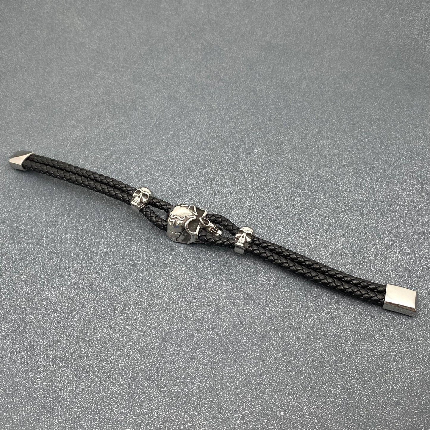 Triple Stainless Steel Skull Men's Leather Bracelet