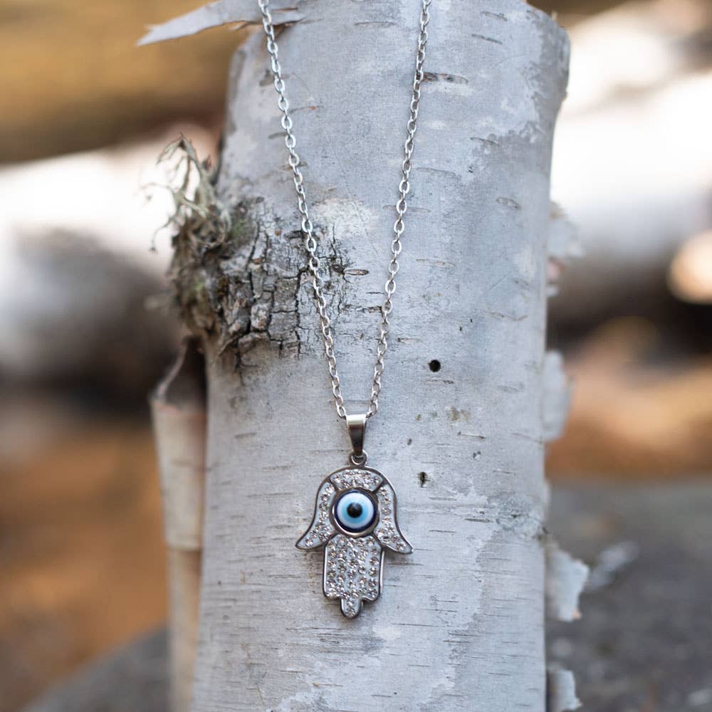 Evil Eye Protection Necklace - Fatima Hand w/ Gems Silver
