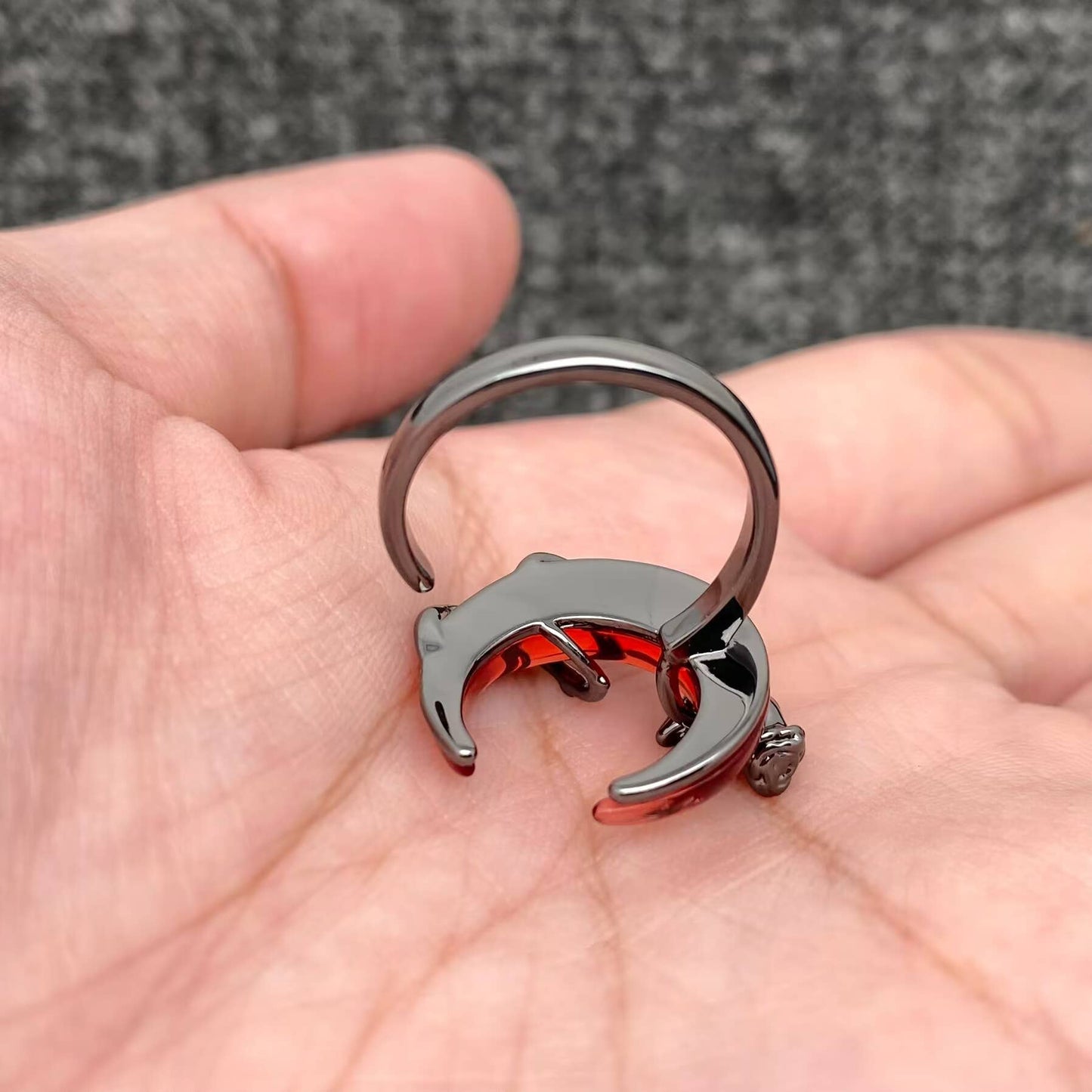 Gothic Gun-black Rose Wrapped Red Crescent Moon Ring