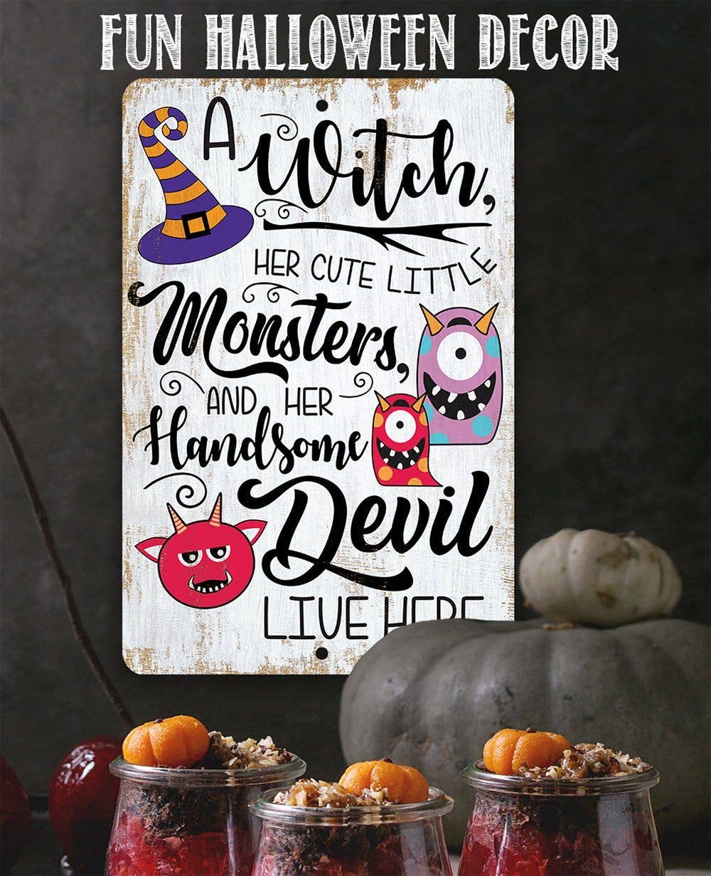 A Witch and Her Little Monsters - Metal Sign