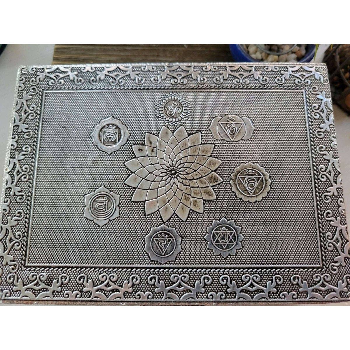 Seven Chakra Carved Metal over Wood/ Tarot Box/ Altar Box