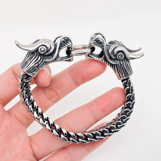 Vintage Stainless Steel Double Dragon Head Bracelet