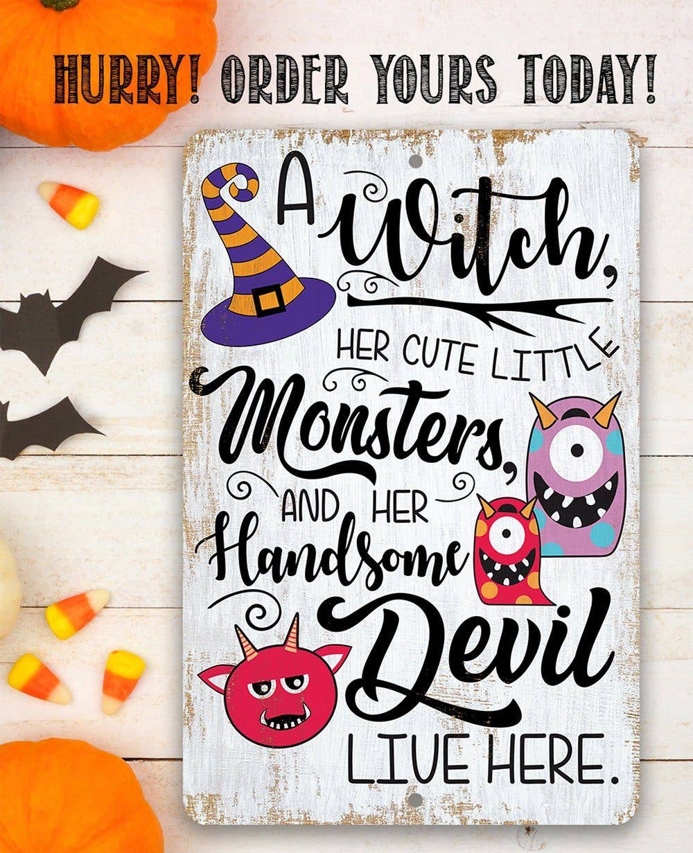 A Witch and Her Little Monsters - Metal Sign