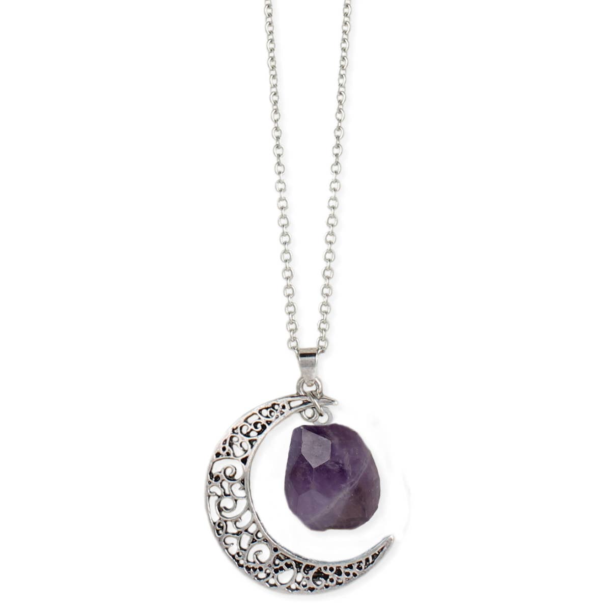 Antiqued Silver Moon Raw Amethyst Long Necklace