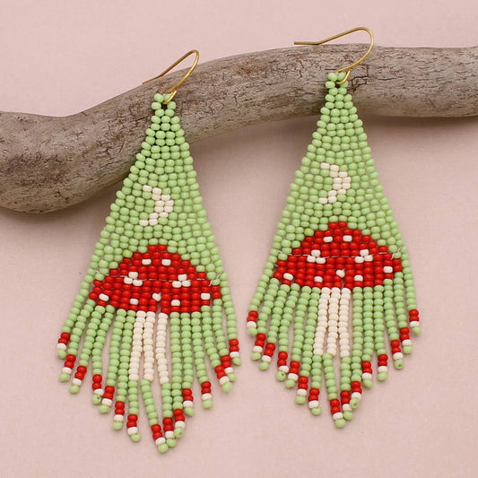 Mint Mushroom Seed Bead Fringe Earrings