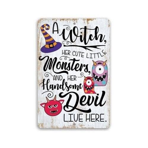 A Witch and Her Little Monsters - Metal Sign