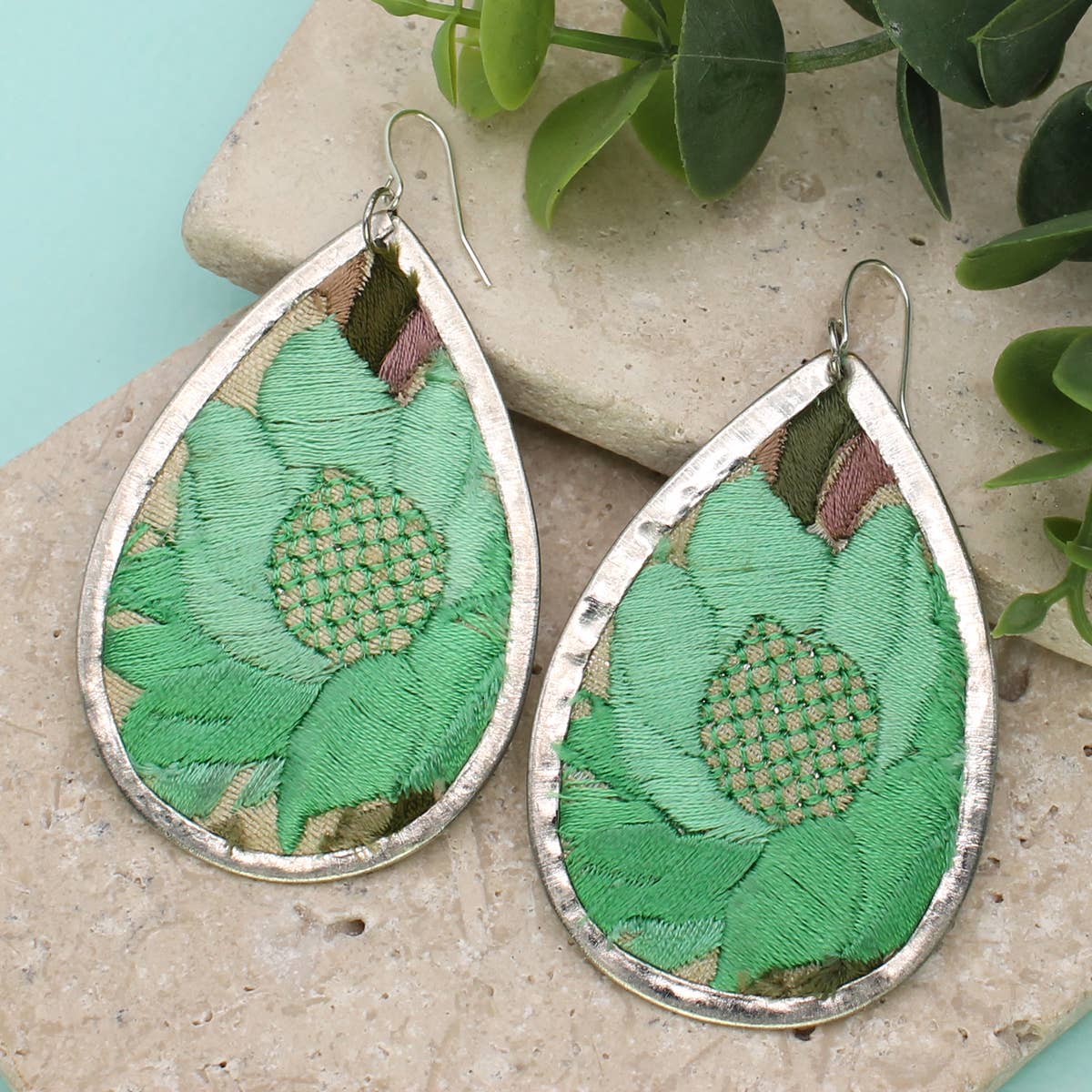 Green Floral Embroidered Silver Teardrop Earring