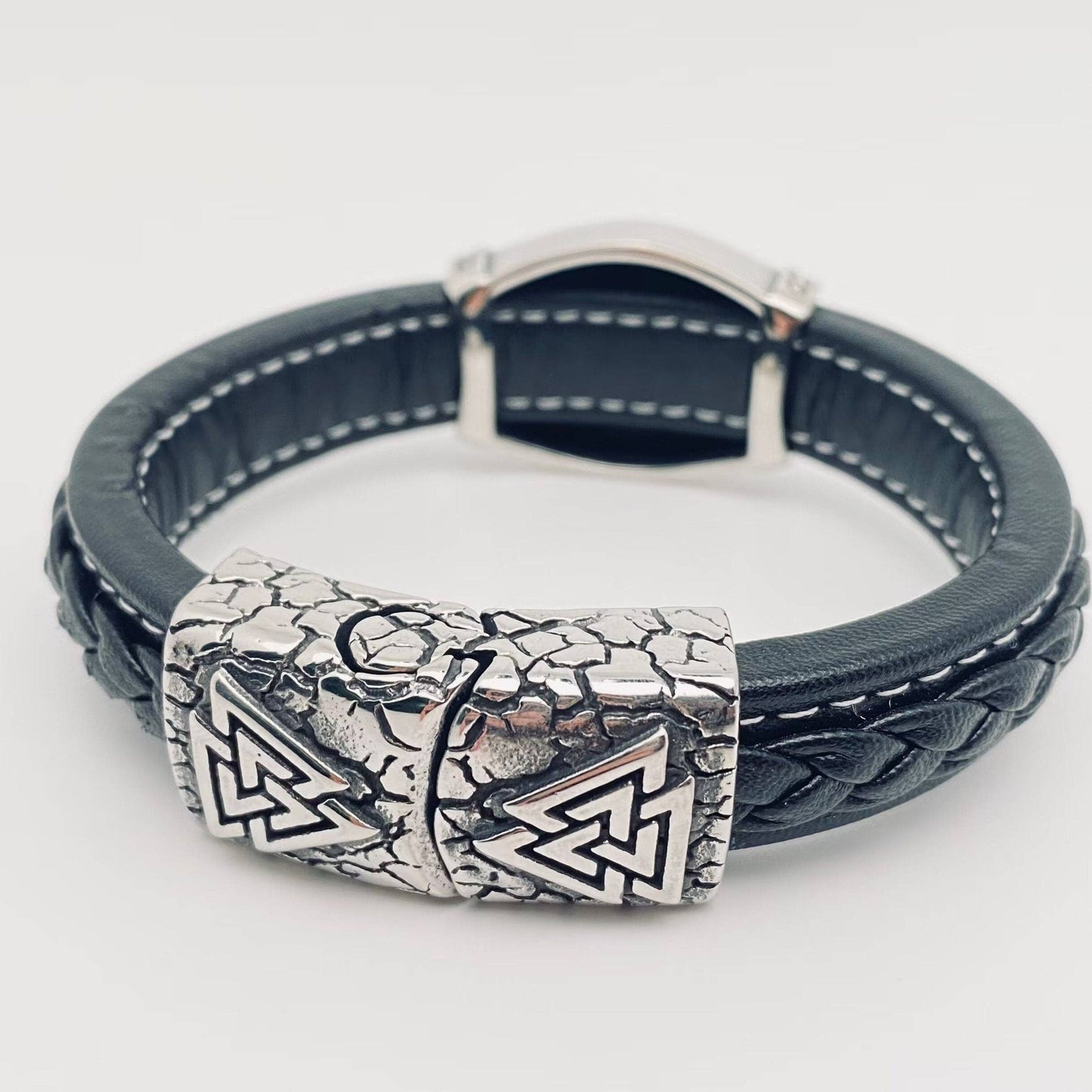 Viking Stainless Steel Men's Carved Leather Bracelet