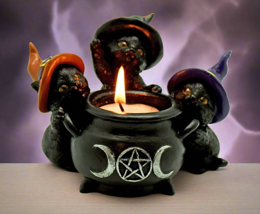 3 Witchy Cats Cauldron Candleholder