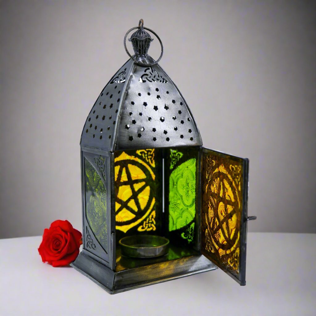 Lantern, Iron, Orange and Green Glass, Star Design