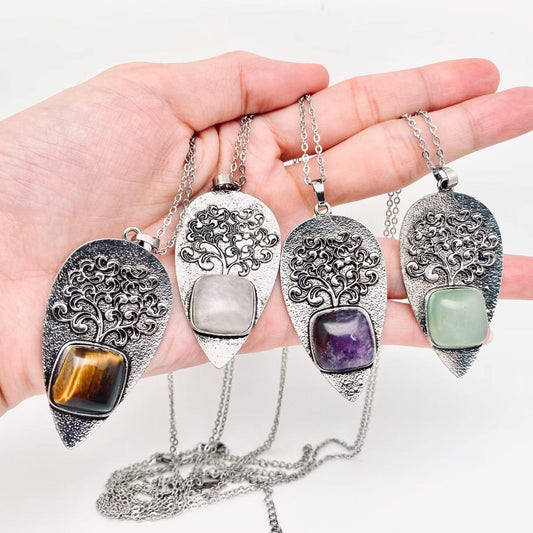 "Tree of Life" Drop-shaped Pendant Inlaid Stones Necklace