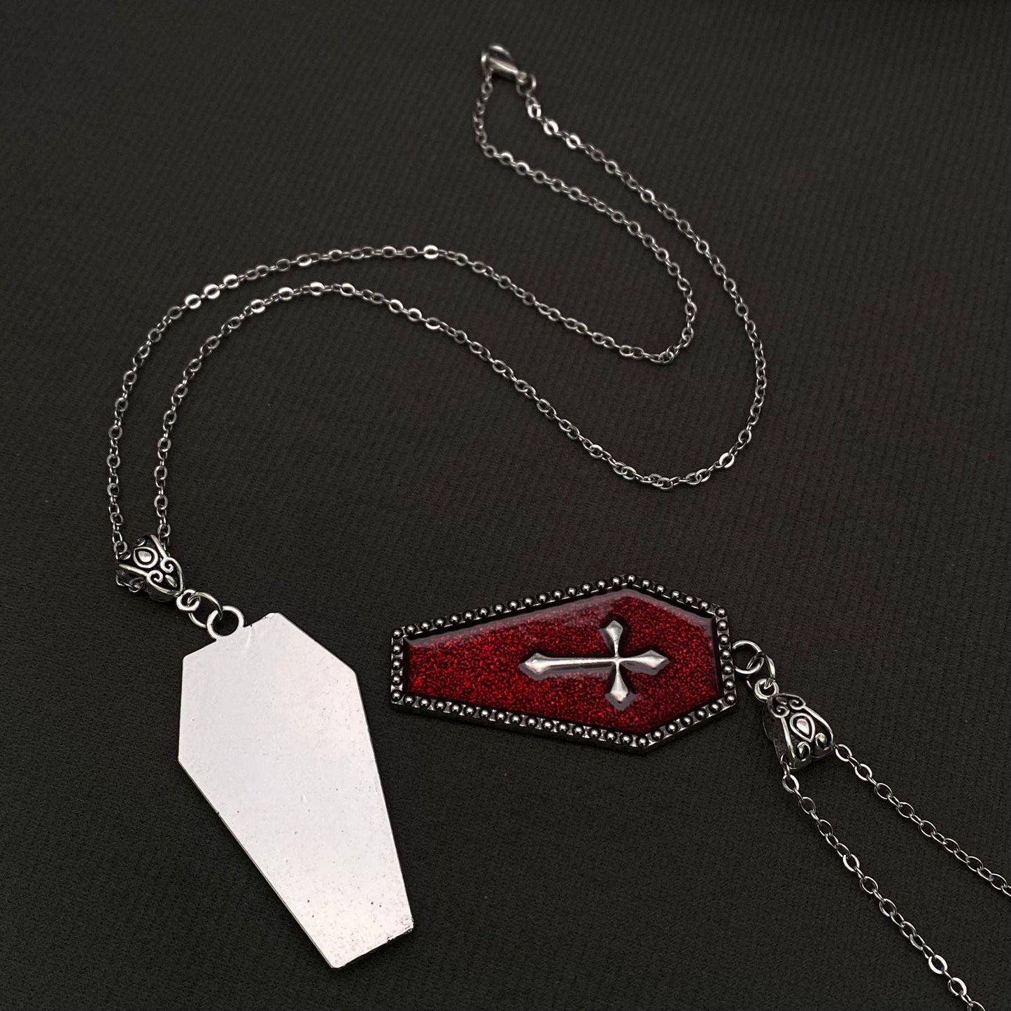Gothic Enamel Cross Coffin Charm Necklace