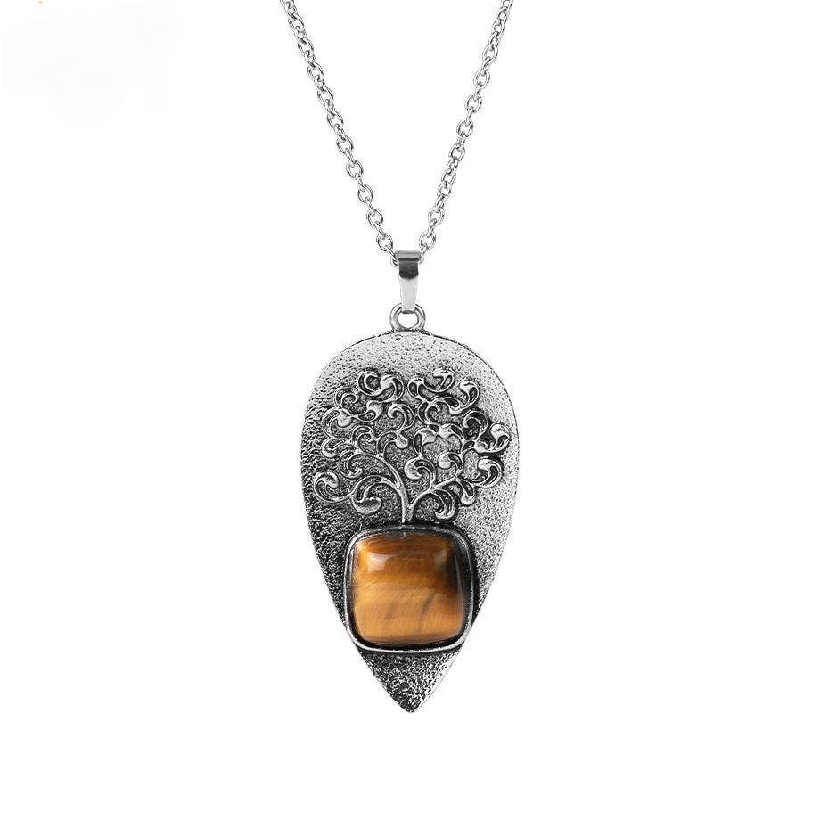 "Tree of Life" Drop-shaped Pendant Inlaid Stones Necklace