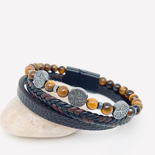 Tree of Life Tiger's Eye Beaded Man's Leather Bracelet