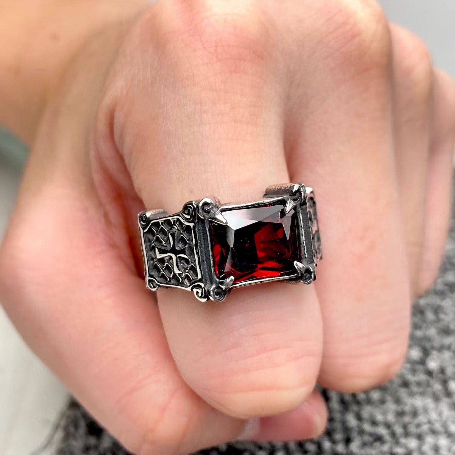 Red Gemstone Stainless Steel Cross Ring