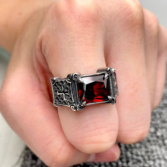 Red Gemstone Stainless Steel Cross Ring